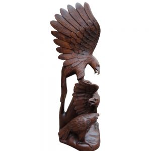 Wooden Eagle Sculpture Indonesian wood carving 3 eagles on a rock